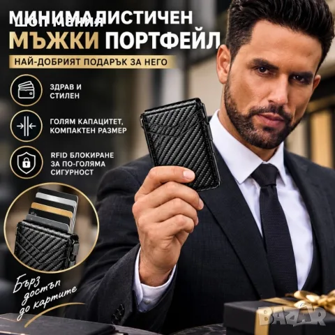Мъжки портфейл за карти с RFID защита, автоматично изваждане и магнитно затваряне