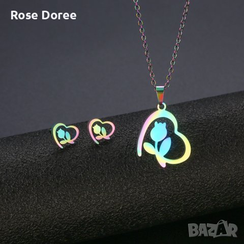 RD 314 Комплект Лале бижута обеци и колие в мултиколор медицинска стомана безплатна доставка, снимка 1