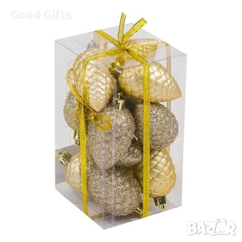 12 броя Комплект Златни коледни шишарки, Висулки за елха, 7см, снимка 2 - Други стоки за дома - 42685572