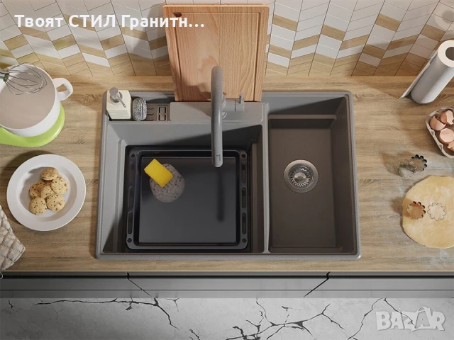 Сива кухненска гранитна мивка Париж 80 Work&Store 780 x 530 мм, снимка 2 - Мивки - 51286487