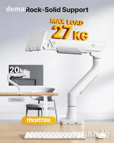 Бяла стойка за монитор monTEK с USB 3.0 A/C, до 27 кг, снимка 4 - Други стоки за дома - 56228558