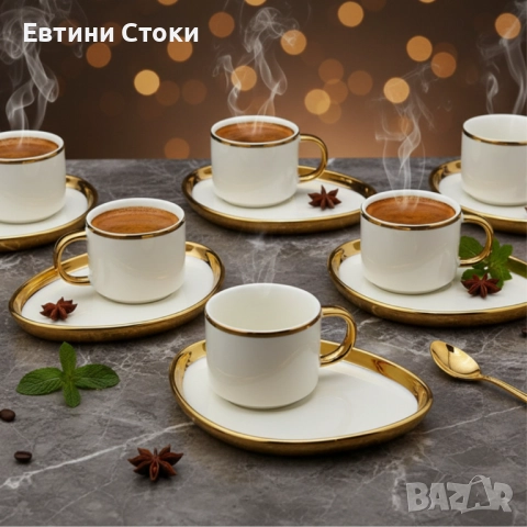 Луксозен сервиз за кафе с 6 чаши и чинийки - стил и елегантност, снимка 6 - Сервизи - 52113033