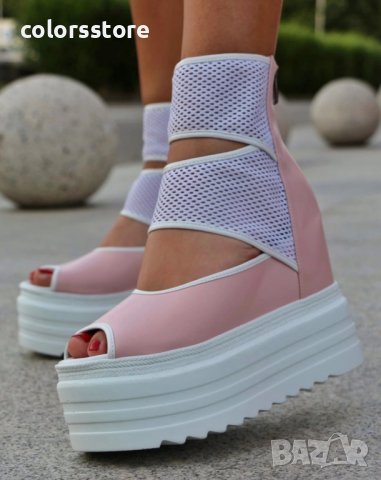 Летни боти на платформа - пудра кожа с бяло ходило - LB70