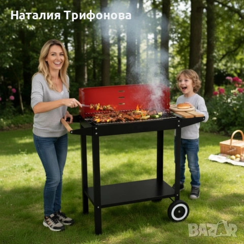 Градинско барбекю на колела, емайлирана стомана, 4 степени + Подарък 3 прибора, снимка 2 - Барбекюта - 53403498