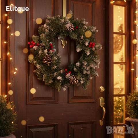 Коледен венец с шишарки и червени плодчета - 40 см