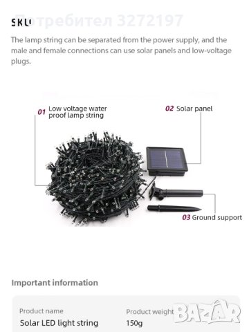 Комплект 50 светлини със соларен панел,7 метра,различни цветове,водоустойчиви, снимка 2 - Лед осветление - 41228887