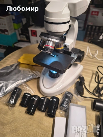 Бинокулярен микроскоп, Mmgoqqt, Метален, 40X-5000X, 3 обектива, LED осветление, Бял, снимка 7 - Медицинска апаратура - 53094367