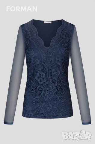 УНИКАЛНО КРАСИВА ТЪМНОСИНЯ блуза с дантела и ръкави от тюл, снимка 1 - Блузи с дълъг ръкав и пуловери - 38730577
