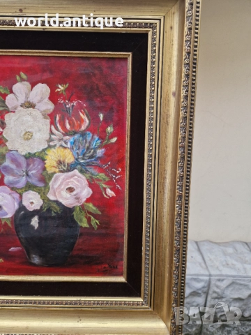 Красив антикварен авторски натюрморт масло върху платно , снимка 6 - Картини - 52990853