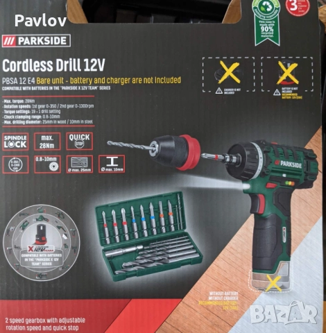 Винтоверт 12V Parkside; бат, зарядно 12V; Мини отвертка 3.6V 200-об/мин