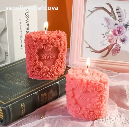 "Love" сърце рози Силиконов молд форма Свети Валентин свещи гипс сапун 