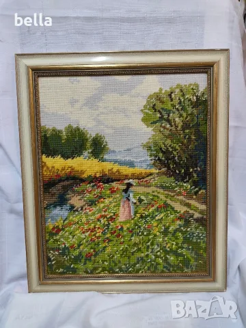 Продавам ръчно ушит гоблен "Разходка край реката" по класически френски сюжет. , снимка 4 - Антикварни и старинни предмети - 56231721