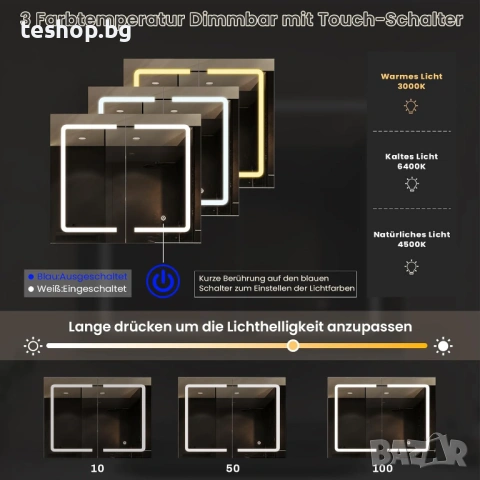 Шкаф за баня с огледало и осветление, 80 x 16 x 60 см, с LED и контакт DICTAC бял, снимка 7 - Шкафове - 53044359