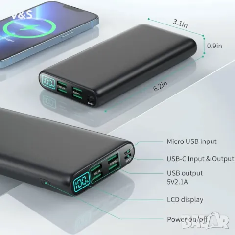 Power Bank 33800mAh, преносимо зарядно устройство с голям капацитет и бързо зареждане с 5 изхода и 2, снимка 5 - Външни батерии - 47818528