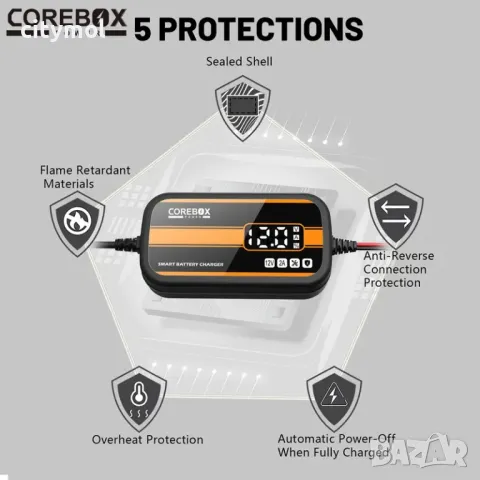Смарт импулсно зарядно устройство за акумулатори COREBOX, 12V, снимка 5 - Аксесоари и консумативи - 48779279
