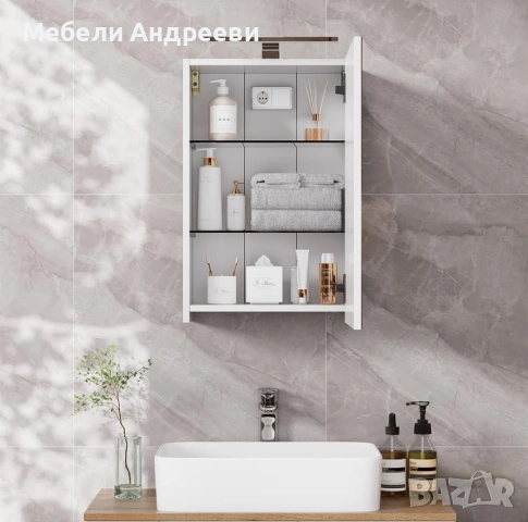 Огледален шкаф с LED лампа и стъклени рафтове 8640, снимка 3 - Шкафове - 53789031