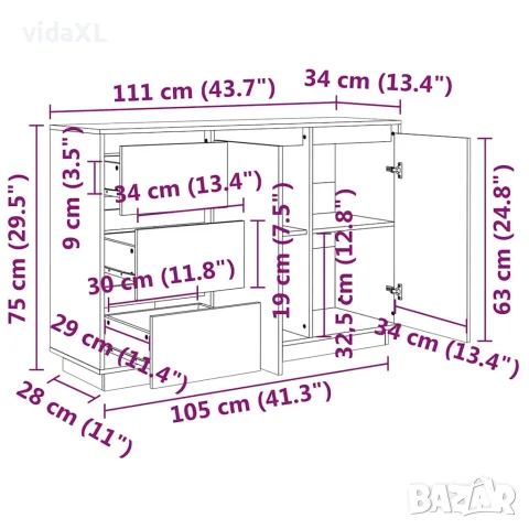 vidaXL Сайдборд, 111x34x75 см, бор масив, снимка 9 - Бюфети - 56147957