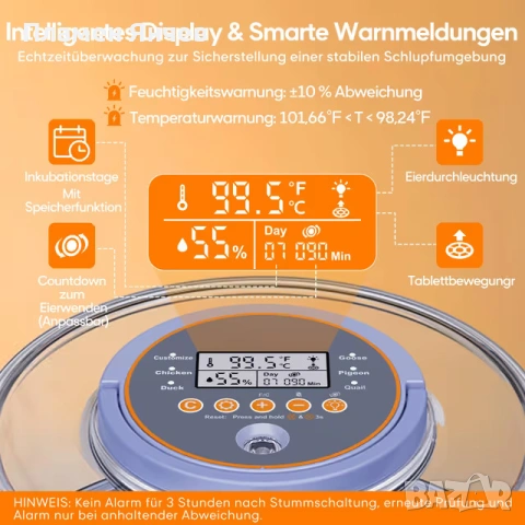 Автоматичен инкубатор за 12 яйца с автоматично завъртане на яйцата и контрол на влажността, снимка 4 - За птици - 53179256