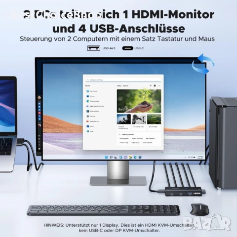 UGREEN HDMI 2.0 KVM Превключвател за 2 PC 1 Монитор 4 USB Порта 4K@60Hz, снимка 13 - Кабели и адаптери - 53844659