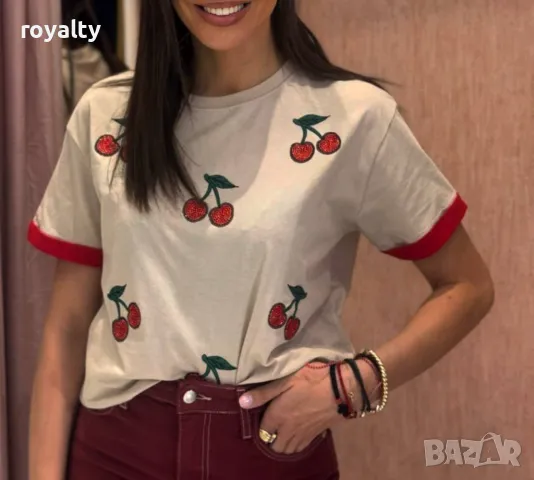 Памучни дамски тениски с черешки Различни цветове , снимка 3 - Тениски - 50411642