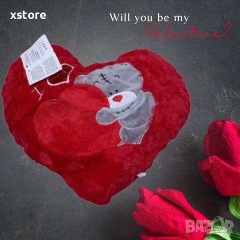 Подаръчна плюшена музикална възглавничка Сърце със сиво мече, 42см, снимка 3 - Плюшени играчки - 52740409