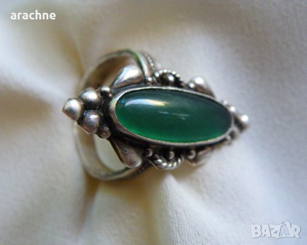 Голям антикварен ръчнокован сребърен пръстен с империал жадеит, снимка 6 - Пръстени - 42368044