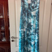 Ефирна дълга тюркоазена  елегантна ежедневна рокля тропик палми тропически принт , снимка 1 - Рокли - 41703823