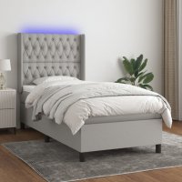 Боксспринг легло с матрак и LED, светлосиво, 90x200 см, плат, снимка 1 - Спални и легла - 40036561