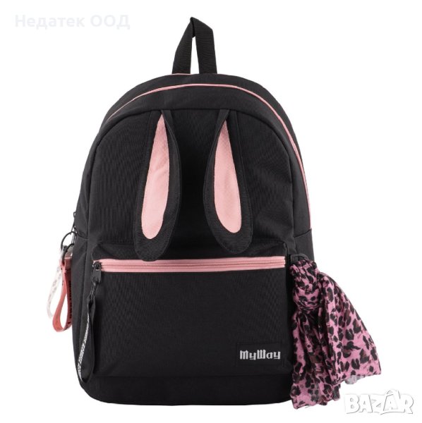 Ученическа раница с 3D заешки уши и бандана, My Way, Черно/ розово, 29х21х42 см, снимка 1