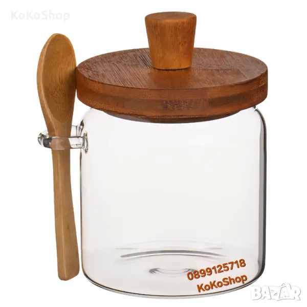 Буркан с бамбуков капак и лъжичка-500 мл./буркан за кафе/буркан за подправки, снимка 1