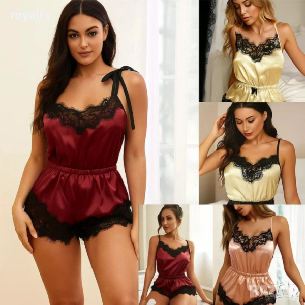 Елегантна дамска пижама – топ, къси панталонки и сатениран аксесоар, снимка 1