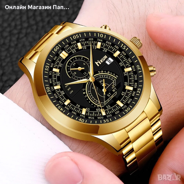 Мъжки кварцов часовник Hkun – сребрист или златист корпус, черен циферблат, календар, снимка 1