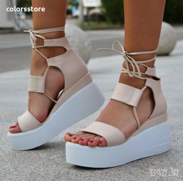 Сандали на платформа - бежова кожа с бяло ходило - 307, снимка 1