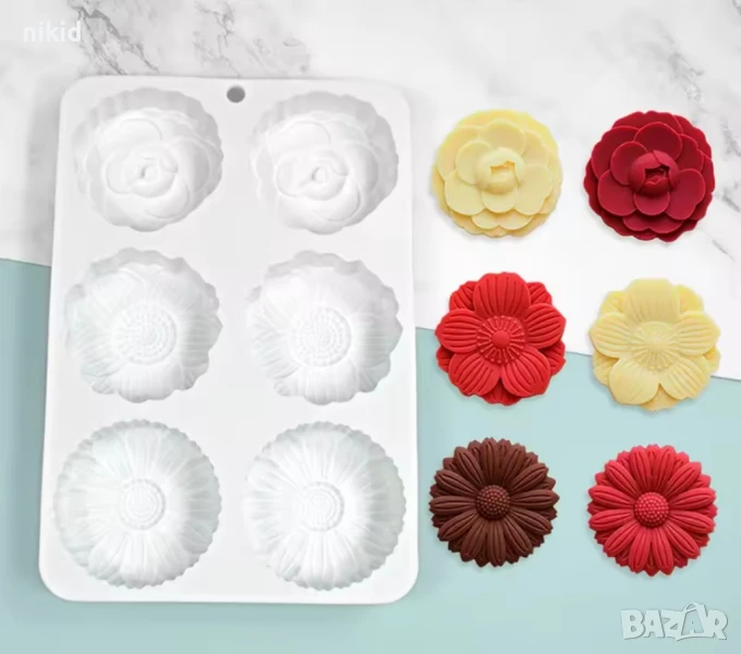 6 бр голямо едро цвете силиконов молд форма за шоколад сапун гипс свещ кексчета мъфини, снимка 1