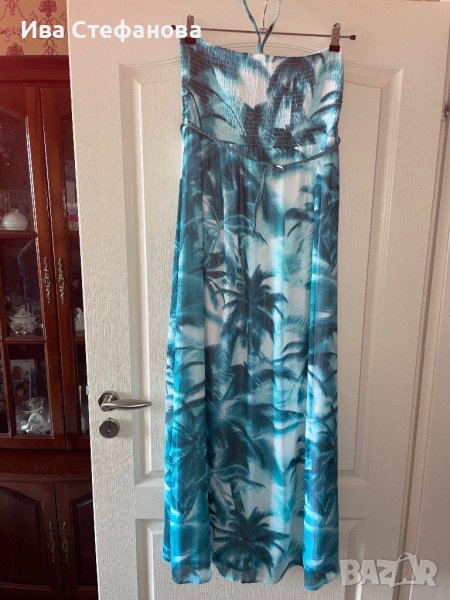 Ефирна дълга тюркоазена  елегантна ежедневна рокля тропик палми тропически принт , снимка 1