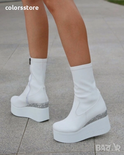 Боти на платформа - бяла кожа с бронз брокат - 121K , снимка 1