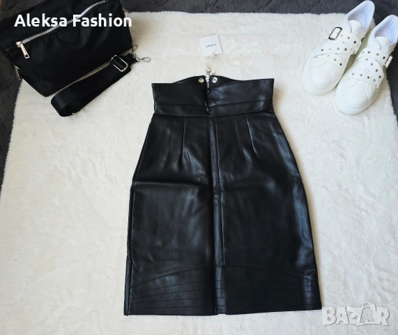 Кожена пола с висока талия , снимка 6 - Поли - 47560199