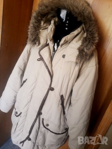 Кремаво бежово яке с кафяв кант от кожа и рошава качулка 3ХЛ, снимка 2 - Палта, манта - 34616174