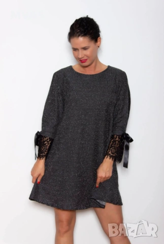 Нова дамска тъмно сива рокля с дантела 3/4 ръкав S M размер