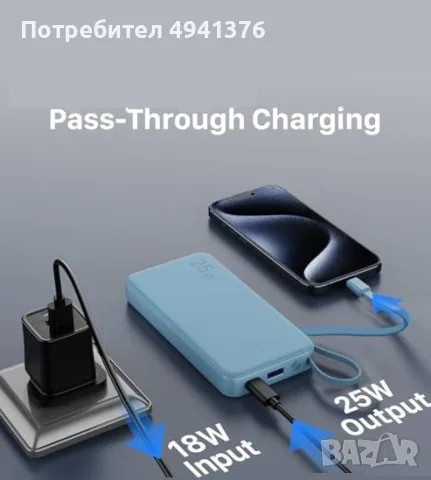 Светлосин Power Bank JUOVI 10000mAh  22.5W Type-C кабели в цвета с LCD дисплей, снимка 2 - Външни батерии - 55982437
