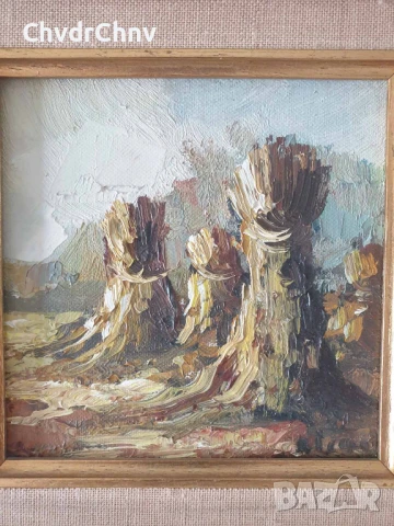 29х29см/малка картина масло върху платно-фазер/поле-сено/импресионизъм/дървена рамка, снимка 2 - Картини - 51358218