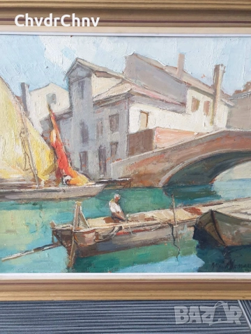 Knut Norman 72х60см/стара голяма шведска картина масло върху фазер/Венеция-мост-лодка/дървена рамка, снимка 2 - Картини - 52075987