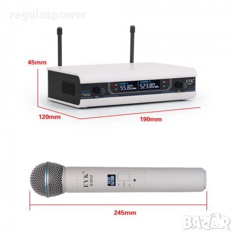 Безжична микрофонна UHF система EYK-E3002W, 2 мет. микрофона, обхват до 60 м, функциия Mute , снимка 3 - Аудиосистеми - 39129046