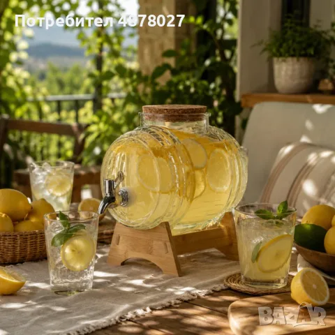 Стъклено буре с кранче 3L и дървена стойка – Стилно сервиране на напитки, идеален подарък