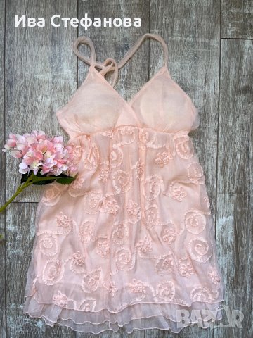 Нежна елегантна ефирна женствена рокля 3Д цветя рокля в прасковен цвят, снимка 3 - Рокли - 41794700