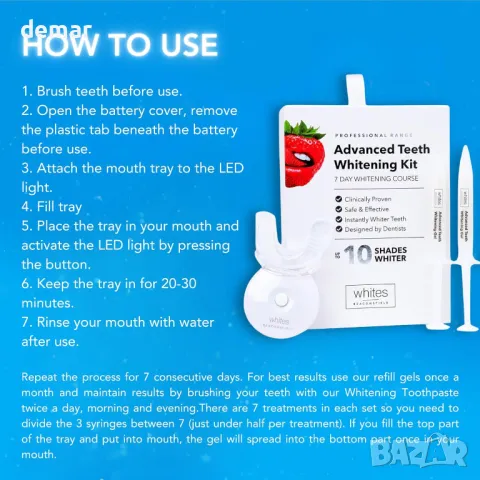 Усъвършенстван комплект за избелване на зъби Whites Beaconsfield, LED табла за уста с гел, снимка 2 - Други - 48967794