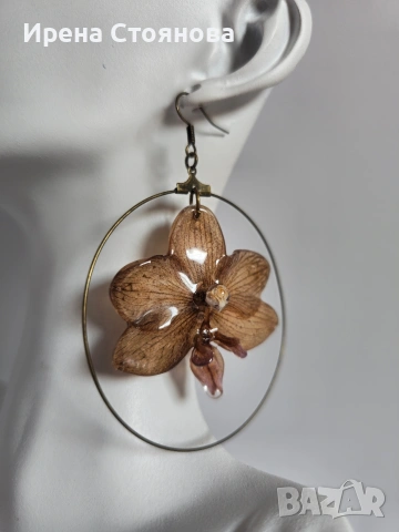Обеци с естествен цвят на орхидея в кафяви нюанси., снимка 5 - Обеци - 53738154