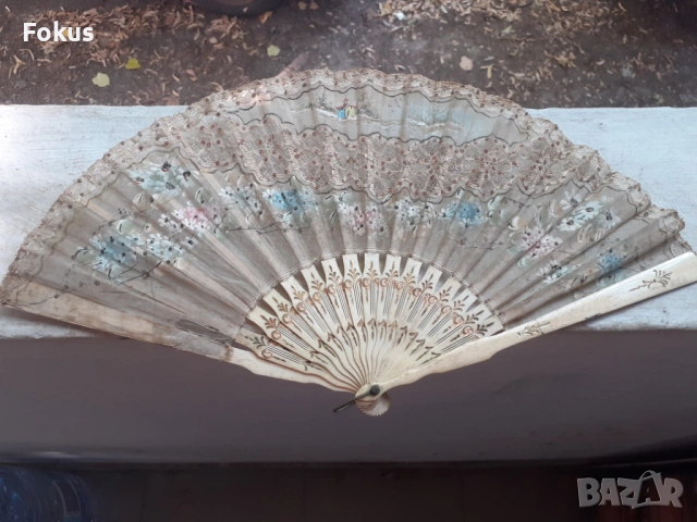 Антикварно дамско ветрило от кост и коприна 19 век, снимка 3 - Антикварни и старинни предмети - 53275203
