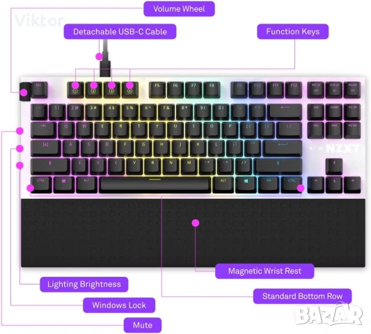 NZXT FUNCTION TENKEYLESS гейминг клавиатура, бяла, суичове Gateron Red, снимка 4 - Клавиатури и мишки - 53595669