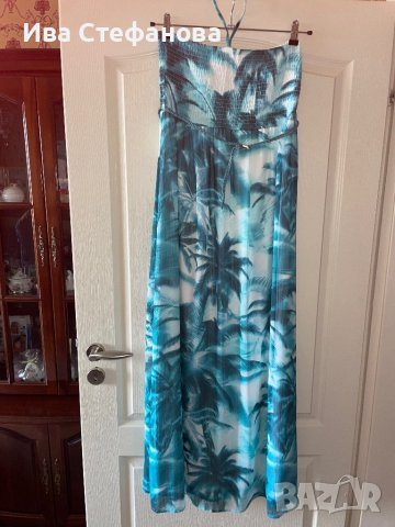 Ефирна дълга тюркоазена  елегантна ежедневна рокля тропик палми тропически принт 